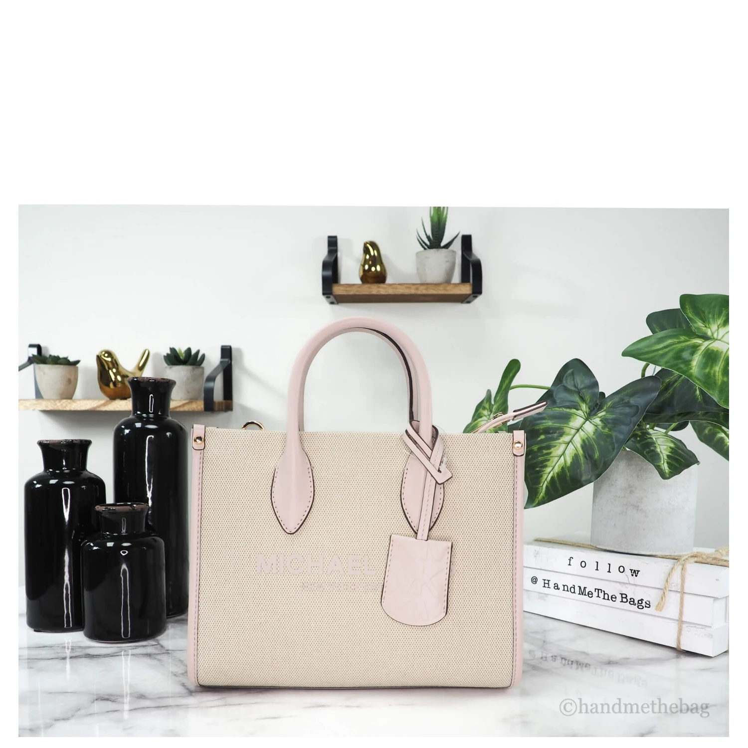 Michael Kors Mirella Small Powder Blush Canvas Shopper Crossbody Handbag Purse
