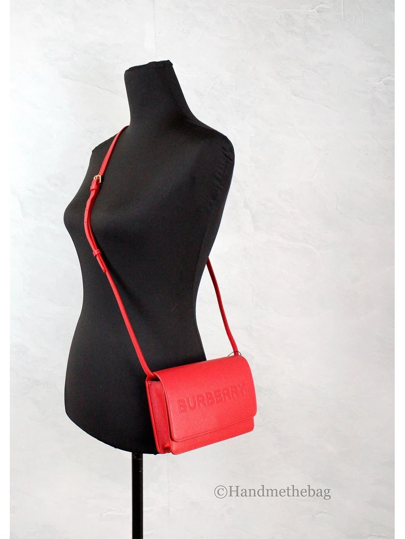 Burberry Hampshire Small Red Embossed Logo Smooth Leather Crossbody Bag
