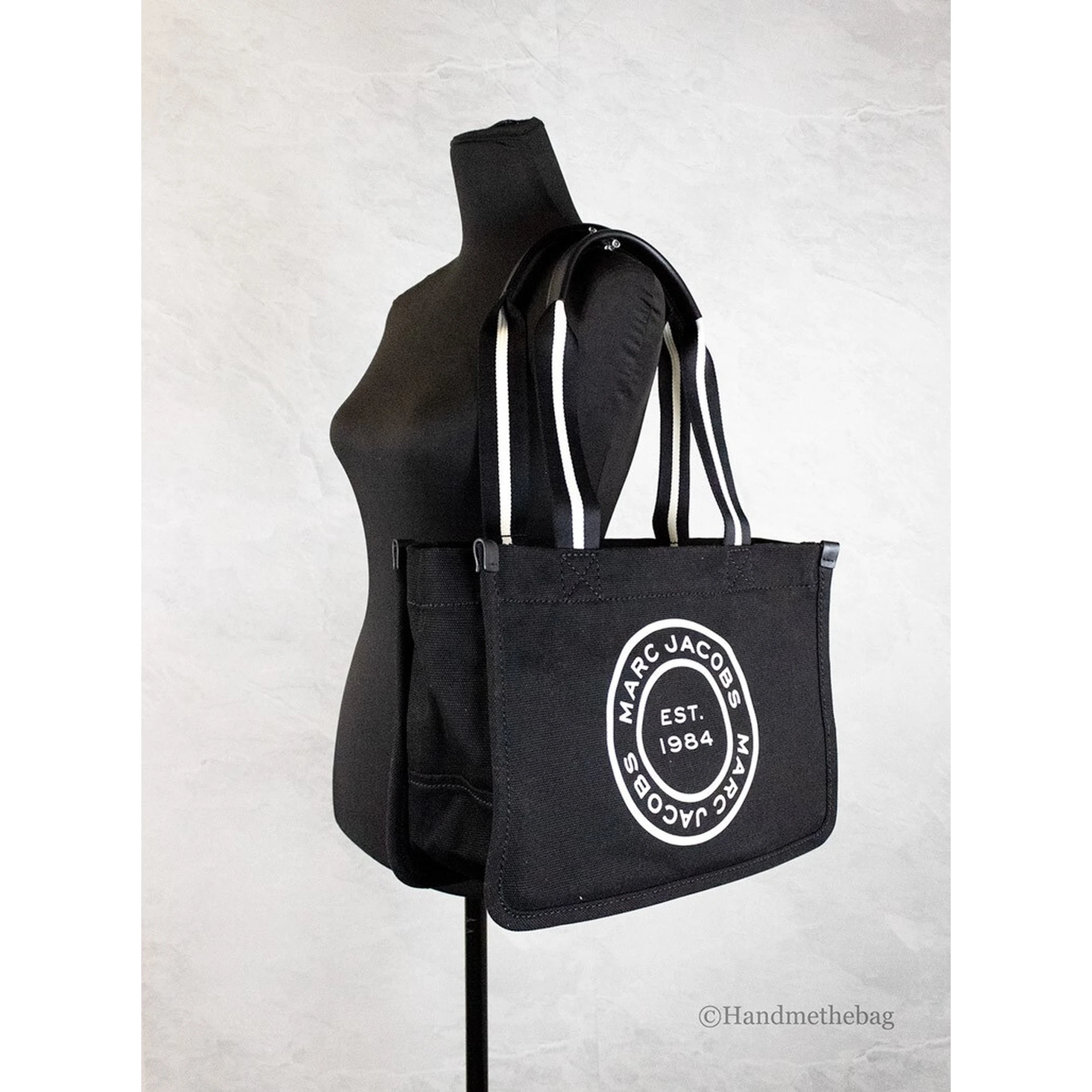 Marc Jacobs Medium Black Canvas Fabric Shoulder Convertible Tote Purse Bag