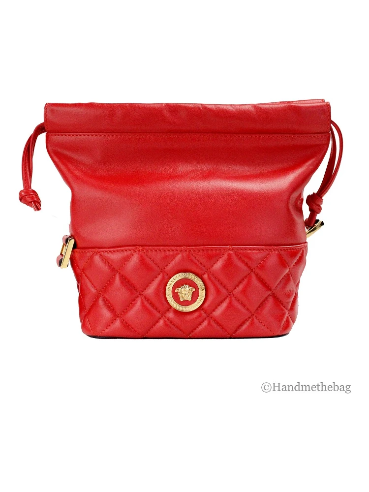 Versace Red Quilted Leather Drawstring Shoulder Bag Bucket Crossbody Handbag