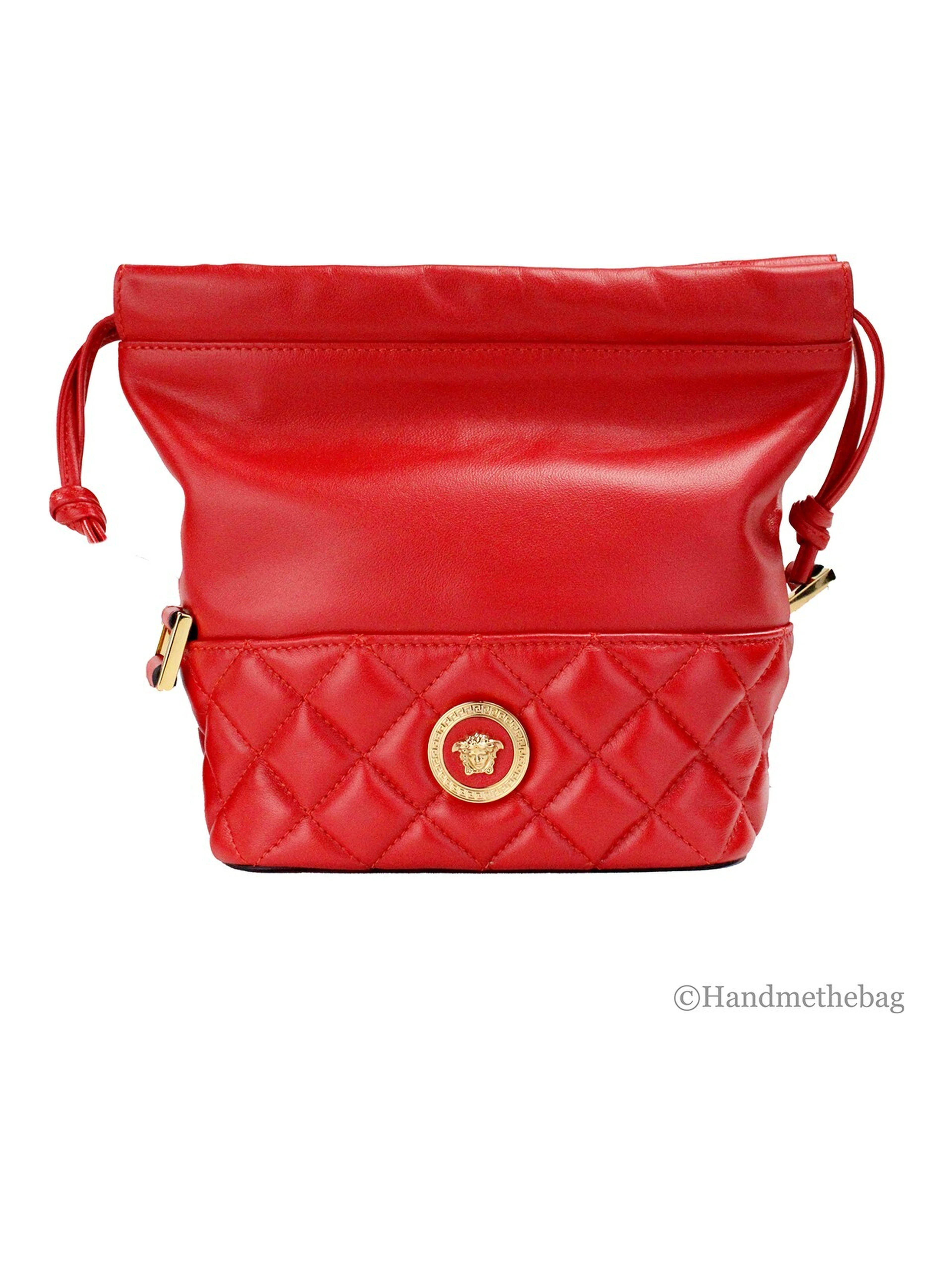Versace Red Quilted Leather Drawstring Shoulder Bag Bucket Crossbody Handbag
