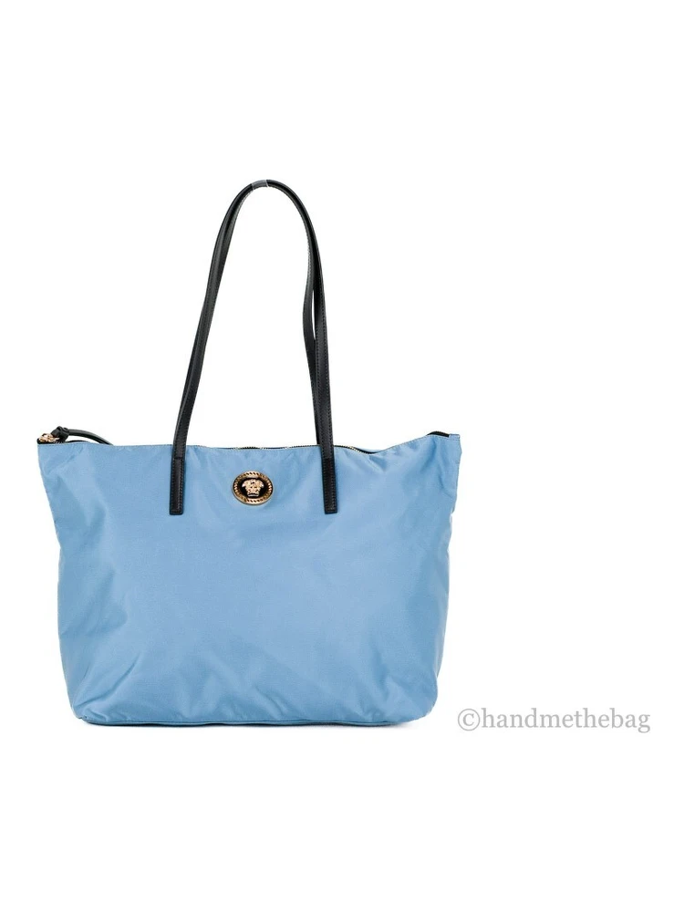 Versace Portuna Medusa Medium Cornflower Blue Nylon Leather Tote Bag Purse