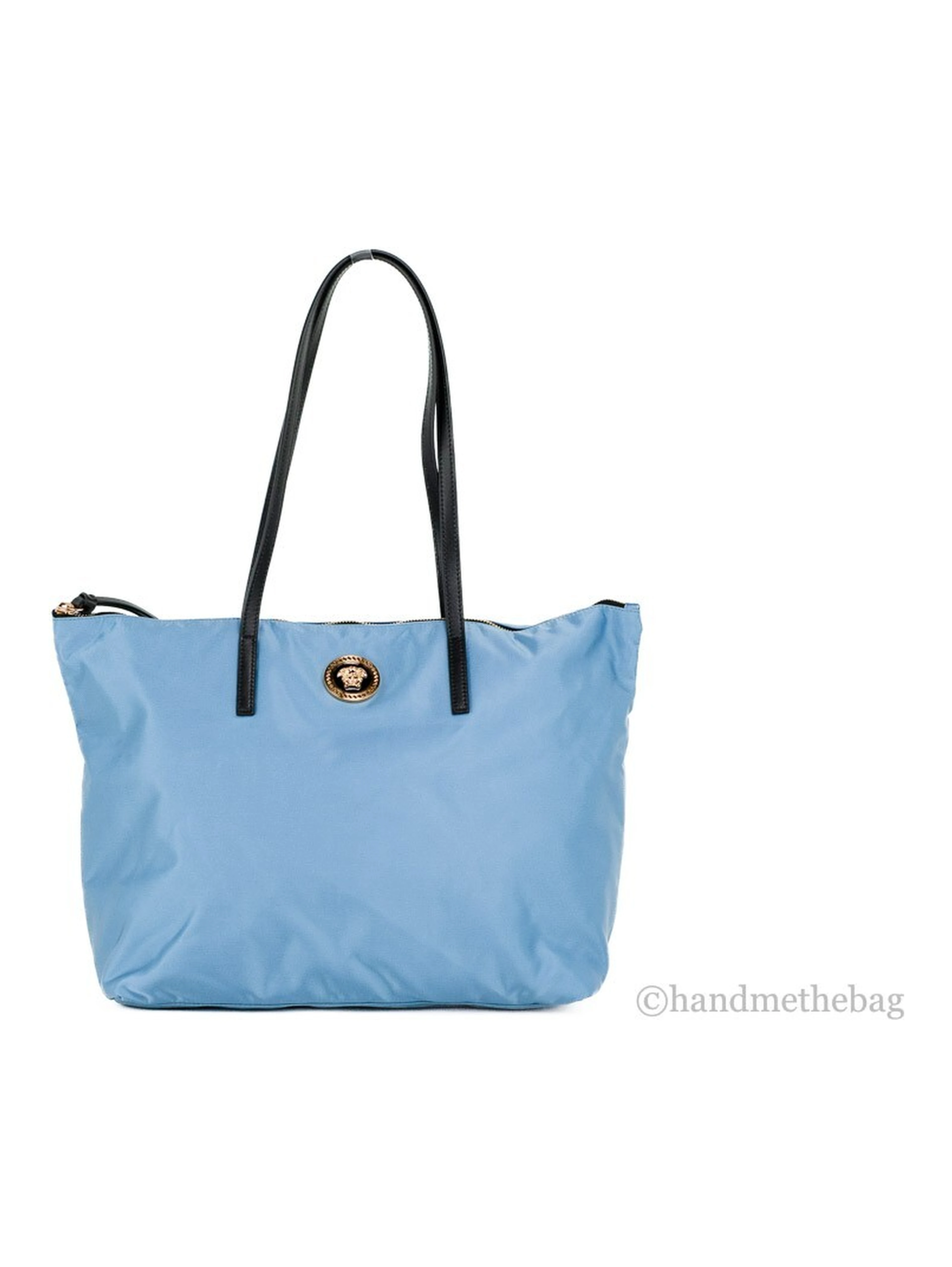 Versace Portuna Medusa Medium Cornflower Blue Nylon Leather Tote Bag Purse