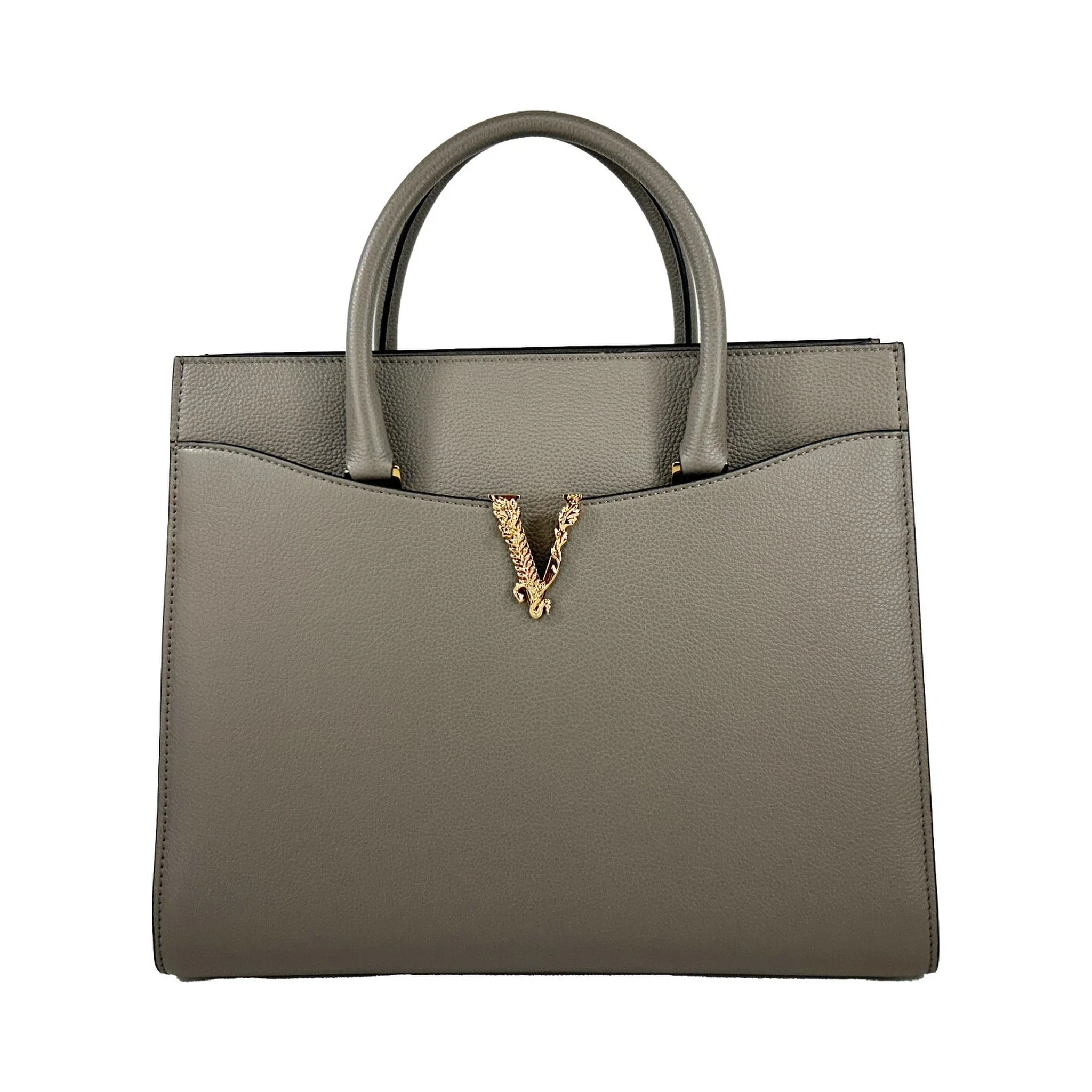 Versace Virtus Large Leather Top Handle Satchel Bag Tote Gray