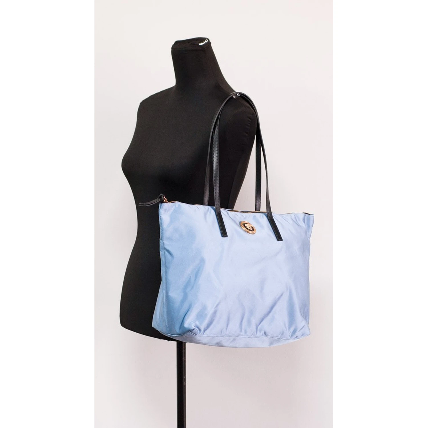 Versace Portuna Medusa Medium Cornflower Blue Nylon Leather Tote Bag Purse