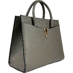 Versace Virtus Large Leather Top Handle Satchel Bag Tote Gray