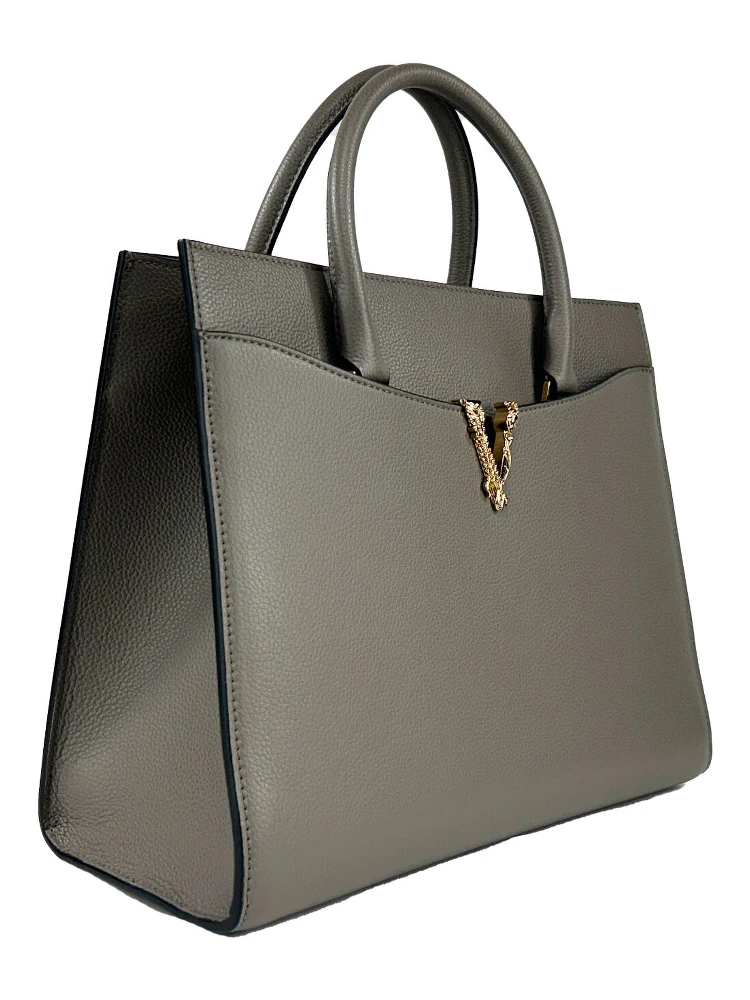 Versace Virtus Large Leather Top Handle Satchel Bag Tote Gray alternative