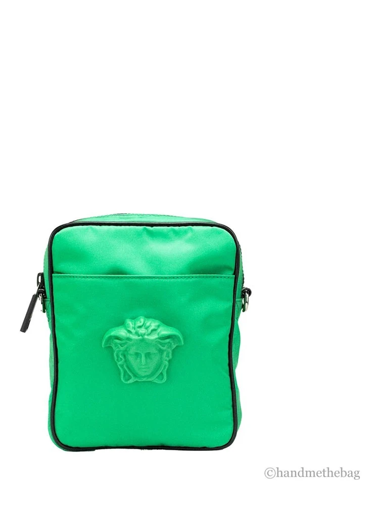 Versace Small Bright Green Nylon Fabric Medusa Crossbody Messenger Bag Purse
