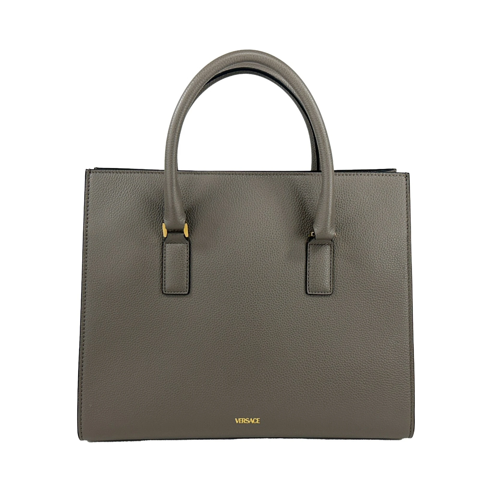 Versace Virtus Large Leather Top Handle Satchel Bag Tote Gray