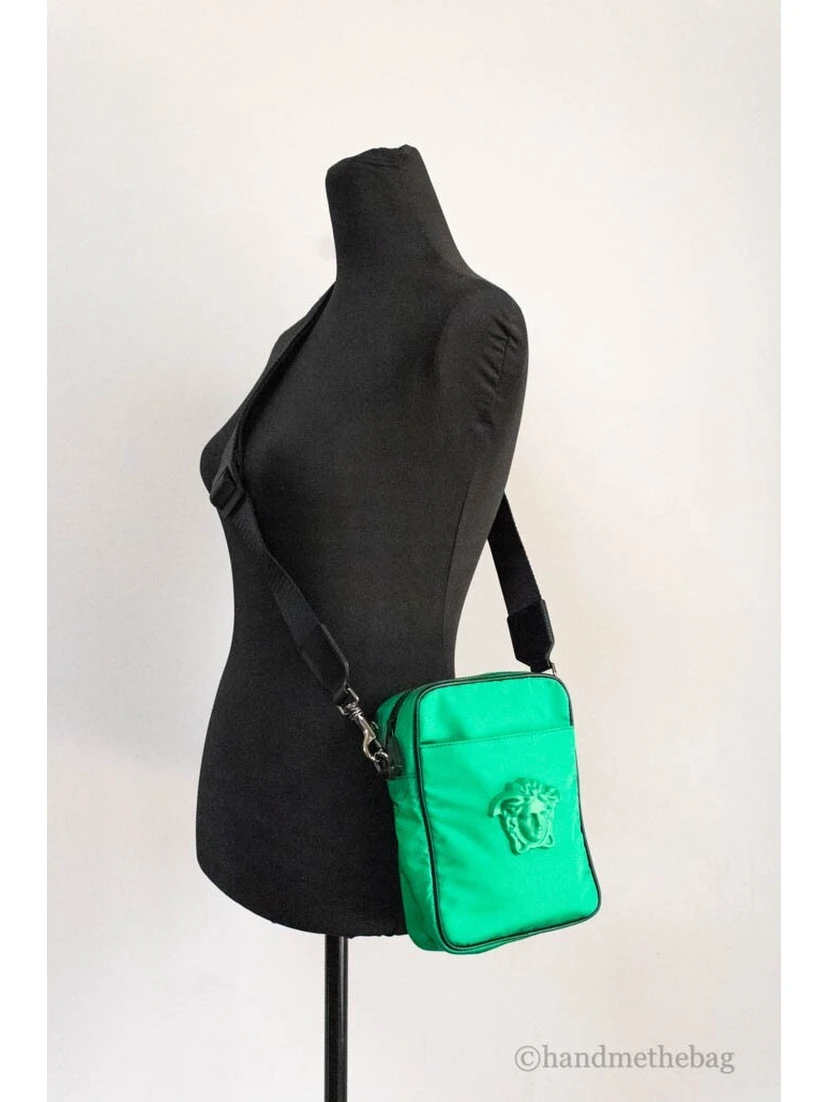 Versace Small Bright Green Nylon Fabric Medusa Crossbody Messenger Bag Purse