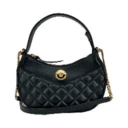 Versace Quilted Black Leather Half Moon Chain Crossbody Bag