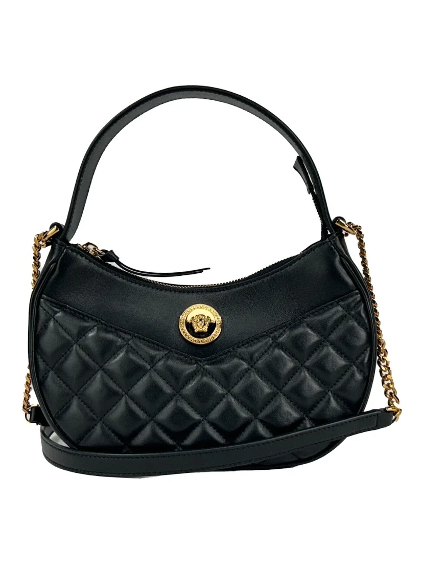 Versace Quilted Black Leather Half Moon Chain Crossbody Bag