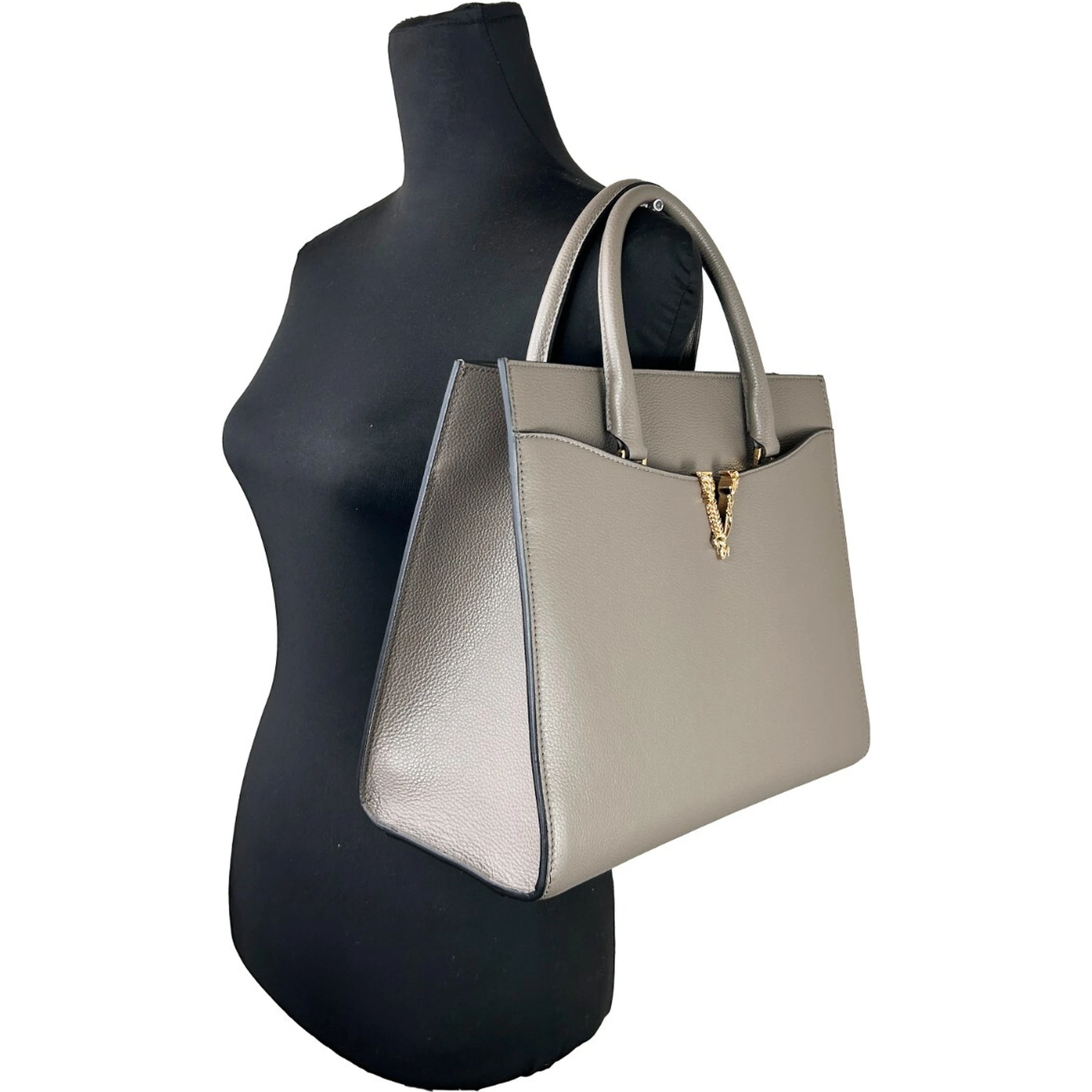 Versace Virtus Large Leather Top Handle Satchel Bag Tote Gray