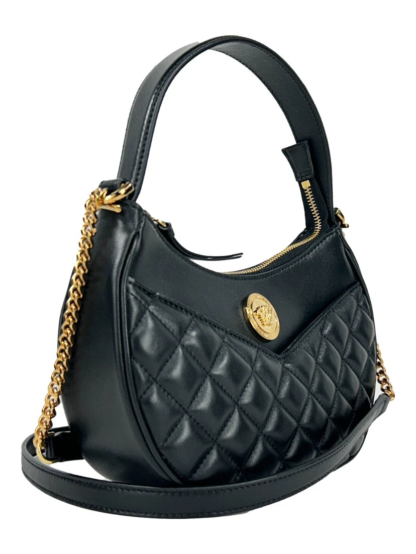 Versace Quilted Black Leather Half Moon Chain Crossbody Bag