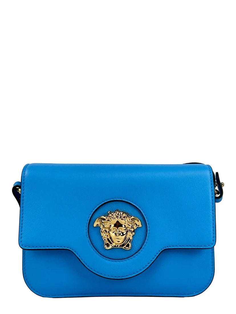 Versace La Medusa Blue Leather Shoulder Crossbody Bag Purse