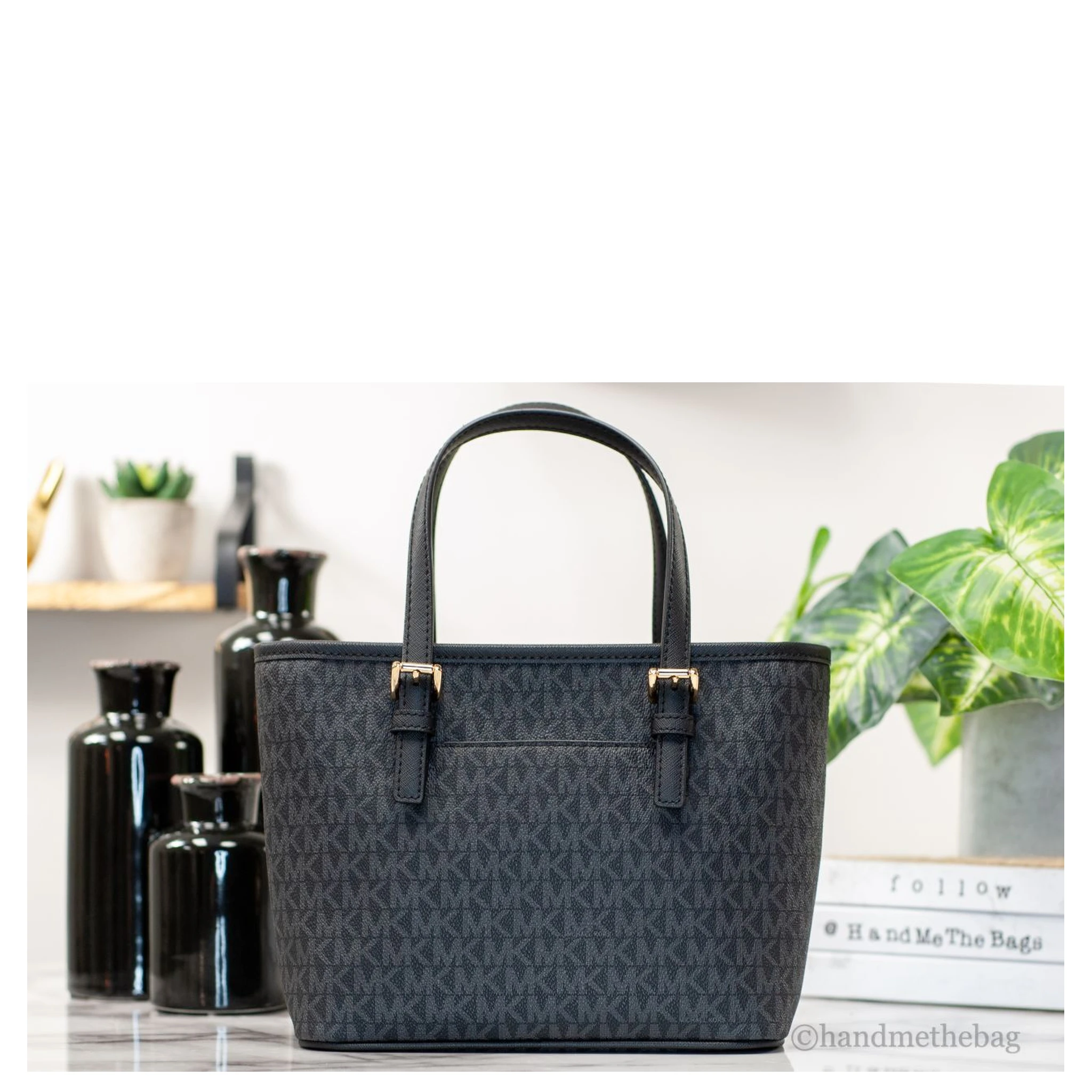 Michael Kors XS Carry All Jet Set Travel Womens Tote (BLACK SIG/GOLD)