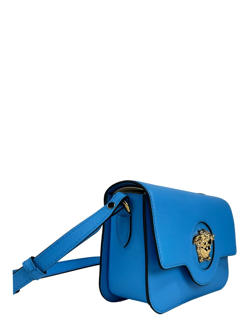 Versace La Medusa Blue Leather Shoulder Crossbody Bag Purse