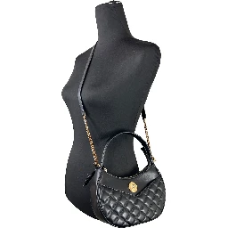 Versace Quilted Black Leather Half Moon Chain Crossbody Bag