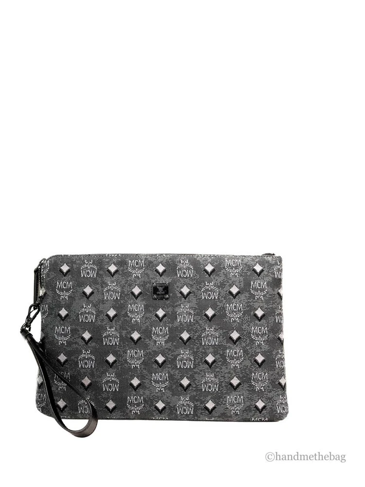 MCM Veritas Medium Dark Grey Denim Monogram Logo Canvas Clutch Pouch Handbag