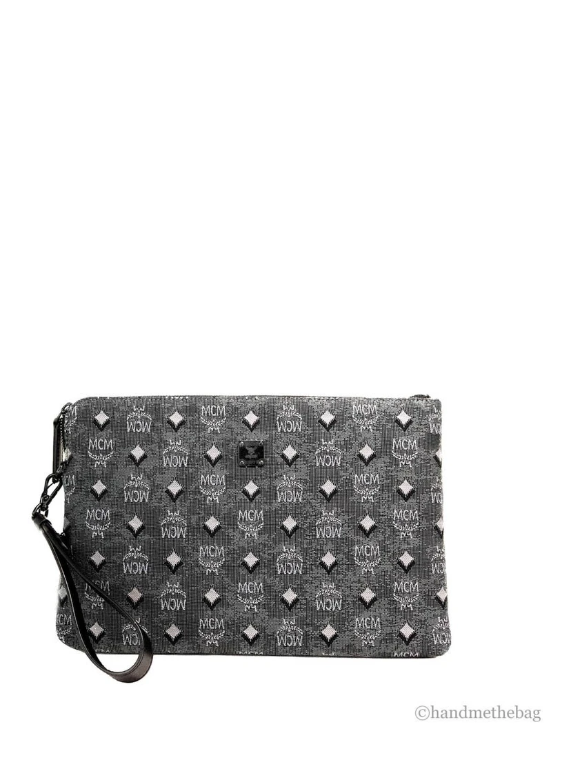 MCM Veritas Medium Dark Grey Denim Monogram Logo Canvas Clutch Pouch Handbag