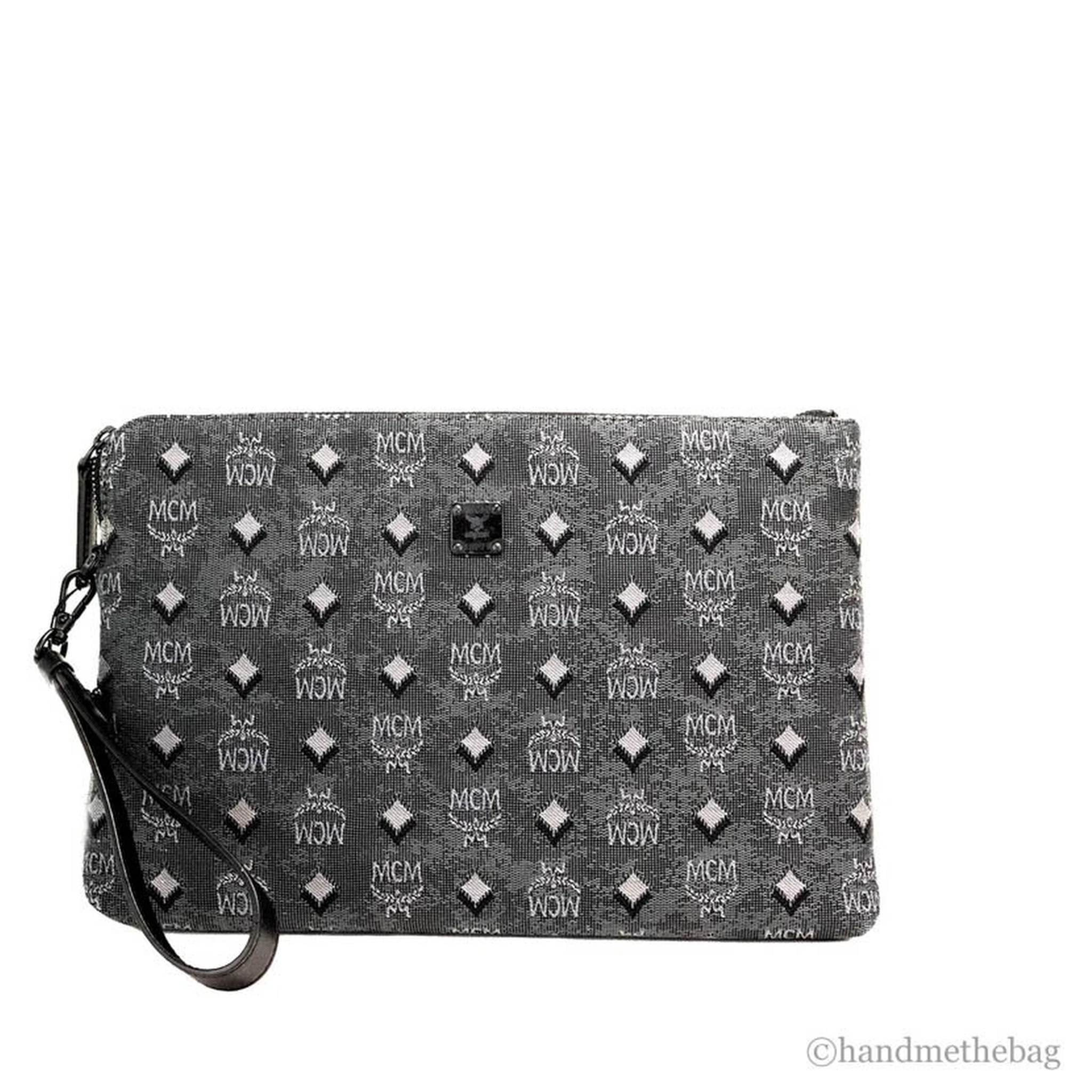 MCM Veritas Medium Dark Grey Denim Monogram Logo Canvas Clutch Pouch Handbag