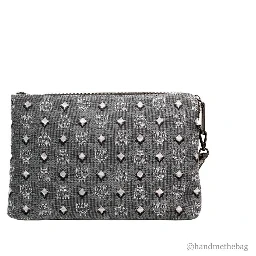 MCM Veritas Medium Dark Grey Denim Monogram Logo Canvas Clutch Pouch Handbag