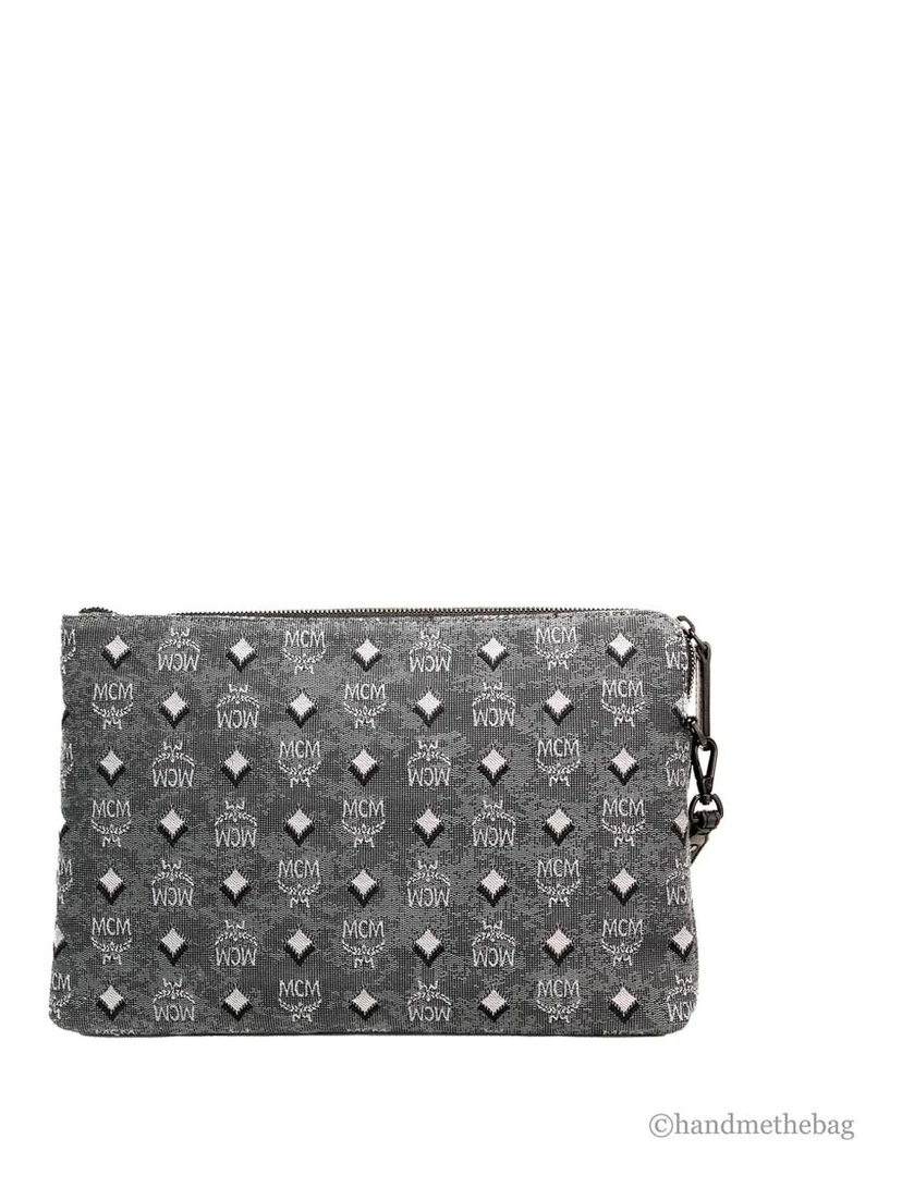 MCM Veritas Medium Dark Grey Denim Monogram Logo Canvas Clutch Pouch Handbag