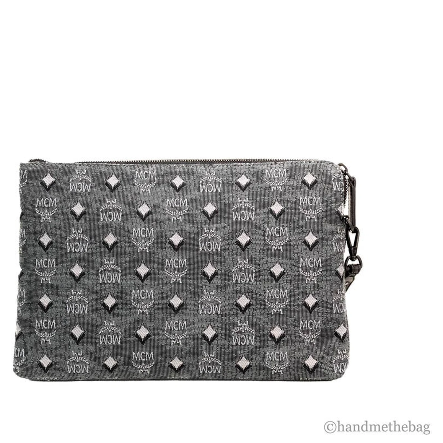 MCM Veritas Medium Dark Grey Denim Monogram Logo Canvas Clutch Pouch Handbag