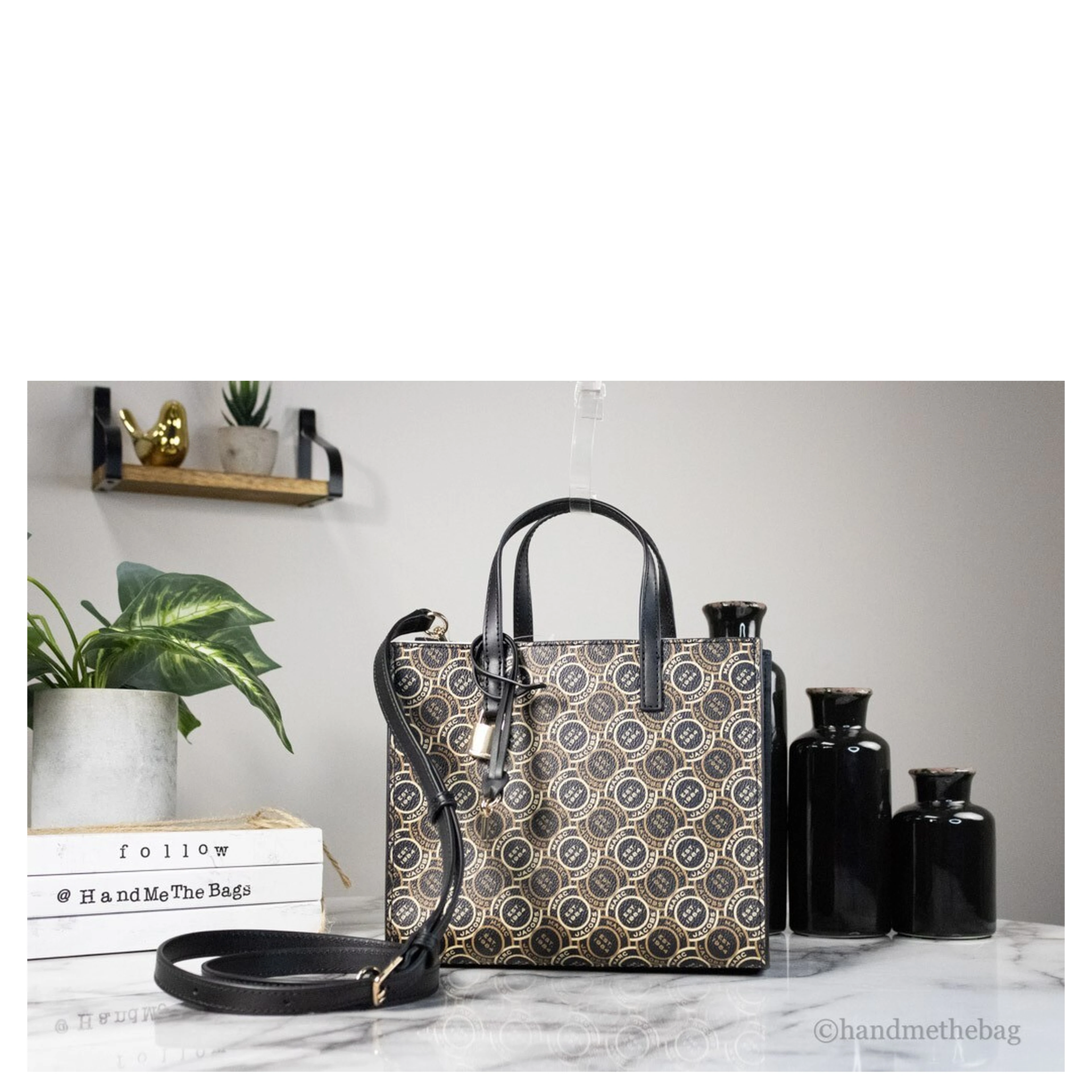 Marc Jacobs Mini Grind Signet Printed Leather Crossbody Tote Handbag Purse
