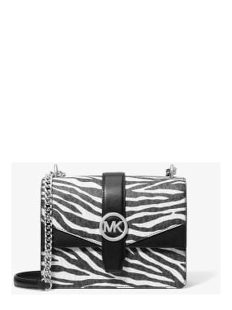 Michael Kors Greenwich Small Print Logo Crossbody Tote Chain Bag Black/White $498