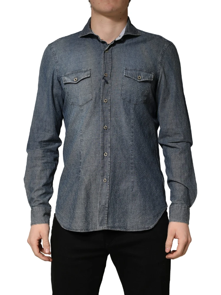 DarkBlue Long Sleeve Collared Denim Shirt