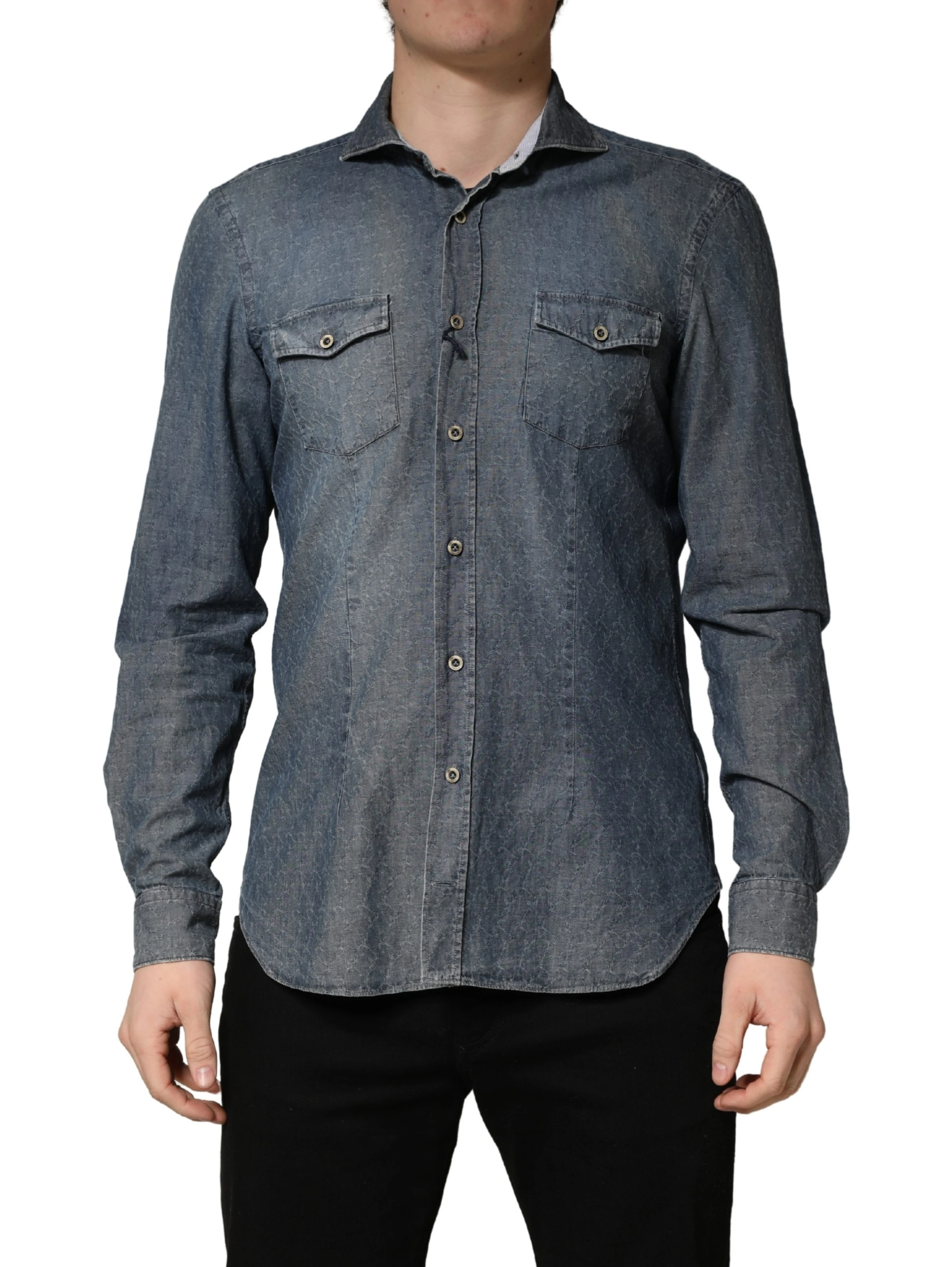 DarkBlue Long Sleeve Collared Denim Shirt