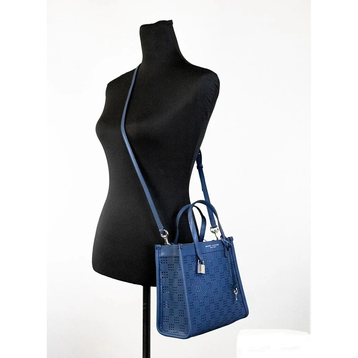 Marc Jacobs Mini Grind Blue Sea Perforated Leather Crossbody Tote Bag Purse