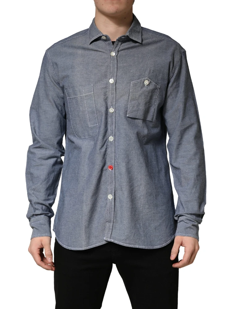 Dark Blue Slim Fit Collared Long Sleeve Denim Shirt