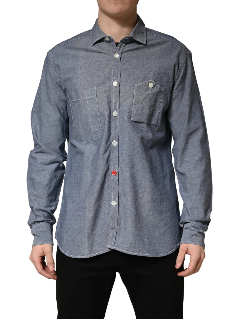 Dark Blue Slim Fit Collared Long Sleeve Denim Shirt