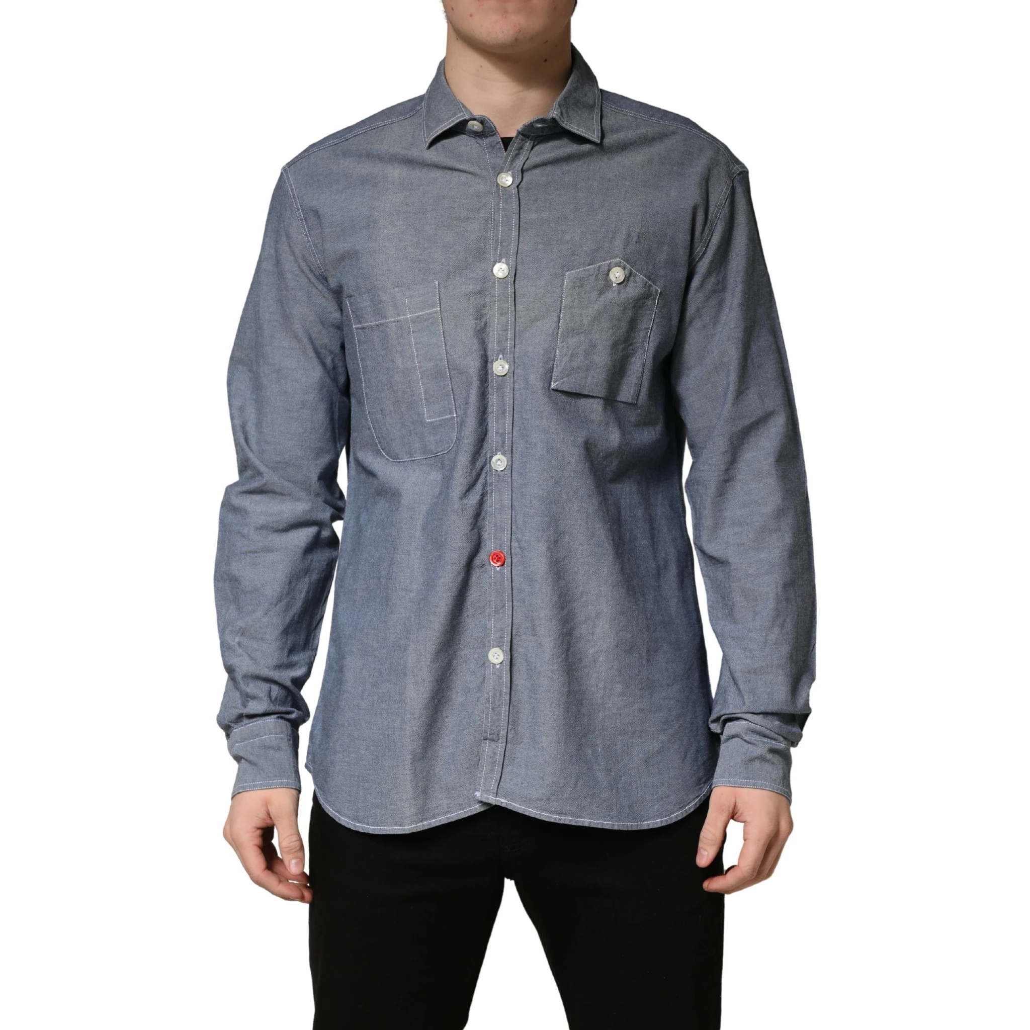 Dark Blue Slim Fit Collared Long Sleeve Denim Shirt
