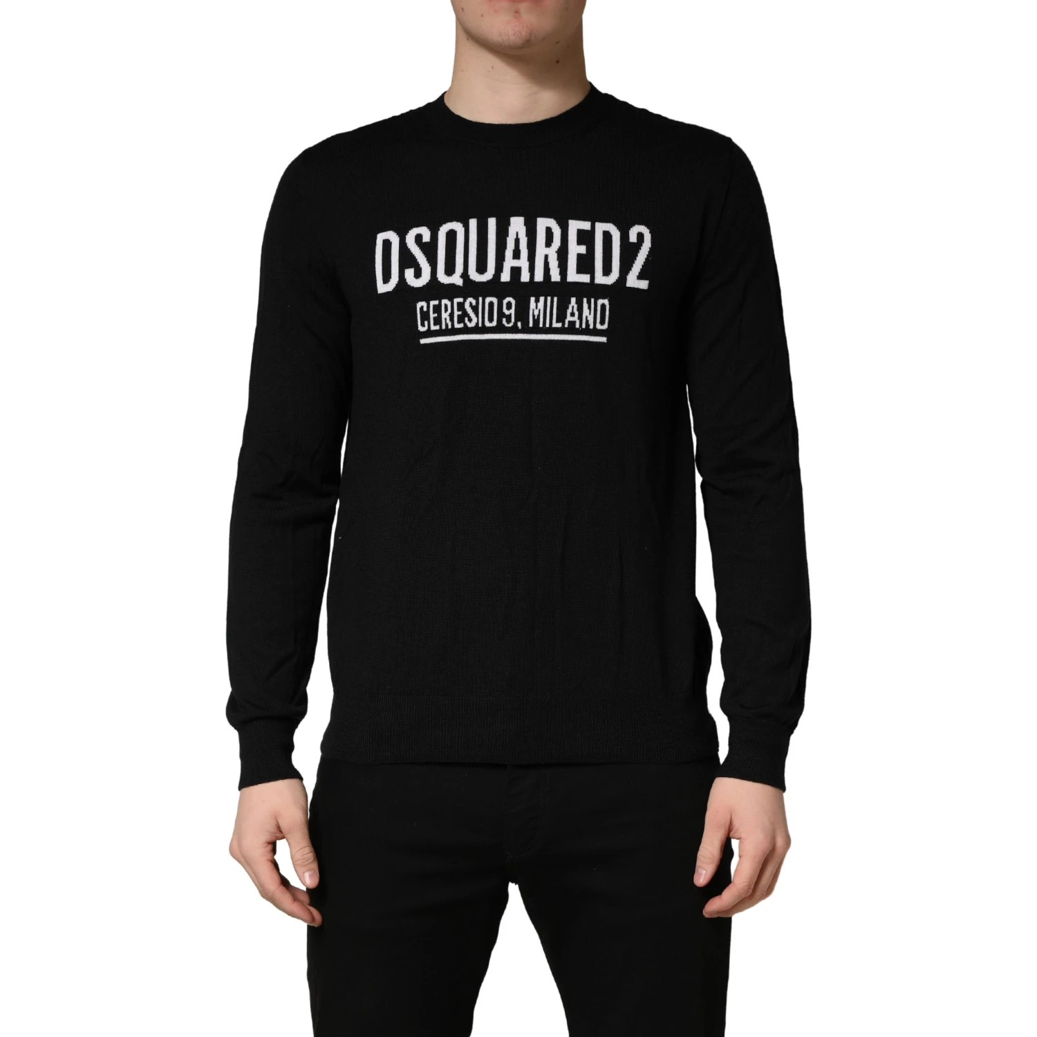 Black Logo Knitted Crew Neck Men Pullover Sweater