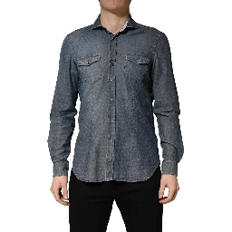 DarkBlue Long Sleeve Collared Denim Shirt