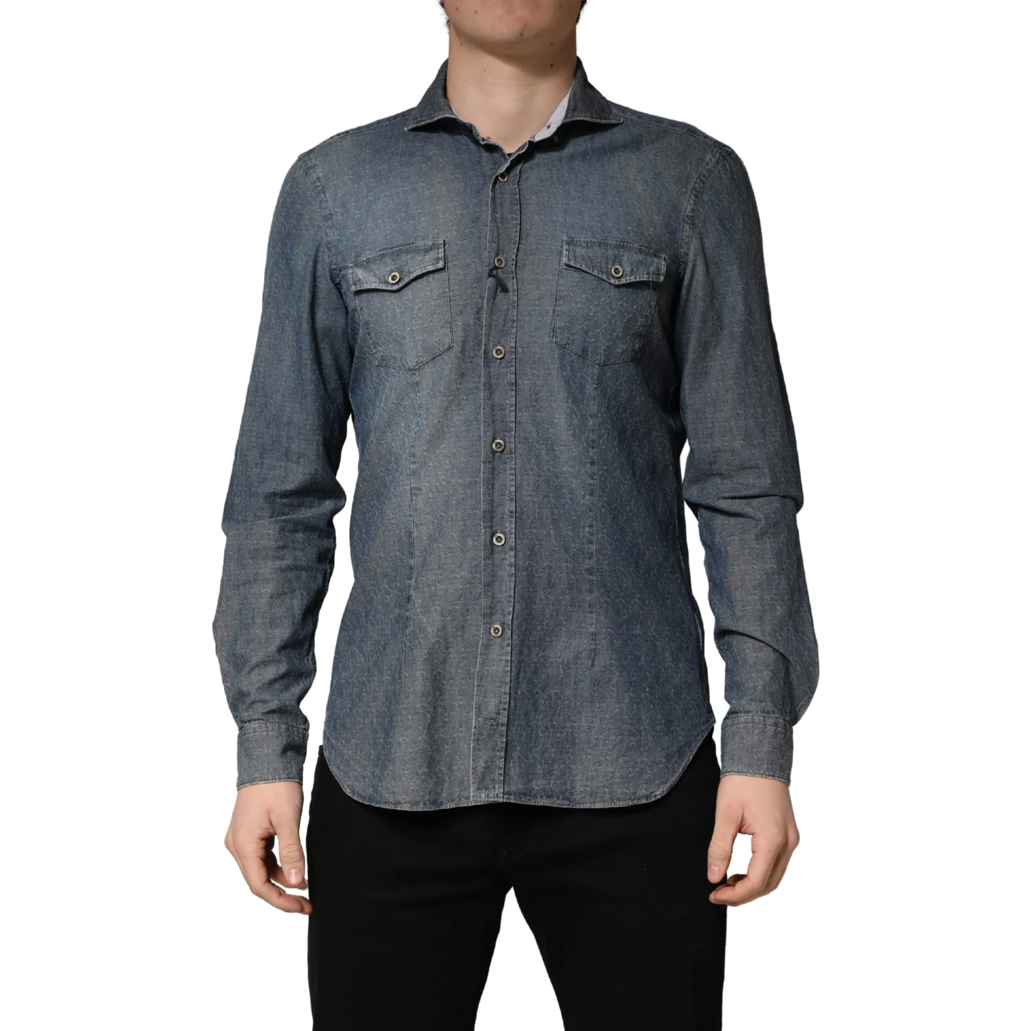 DarkBlue Long Sleeve Collared Denim Shirt