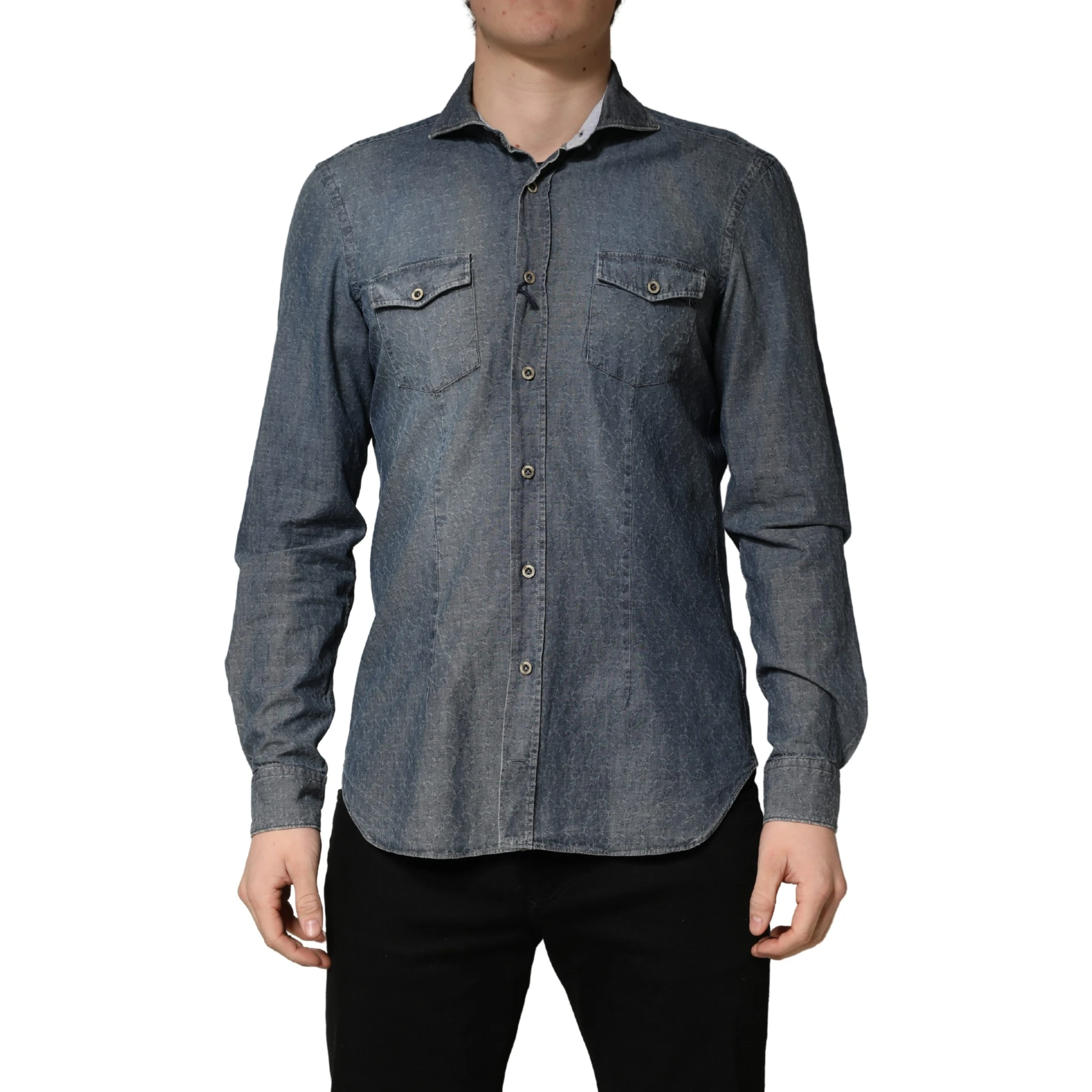 DarkBlue Long Sleeve Collared Denim Shirt