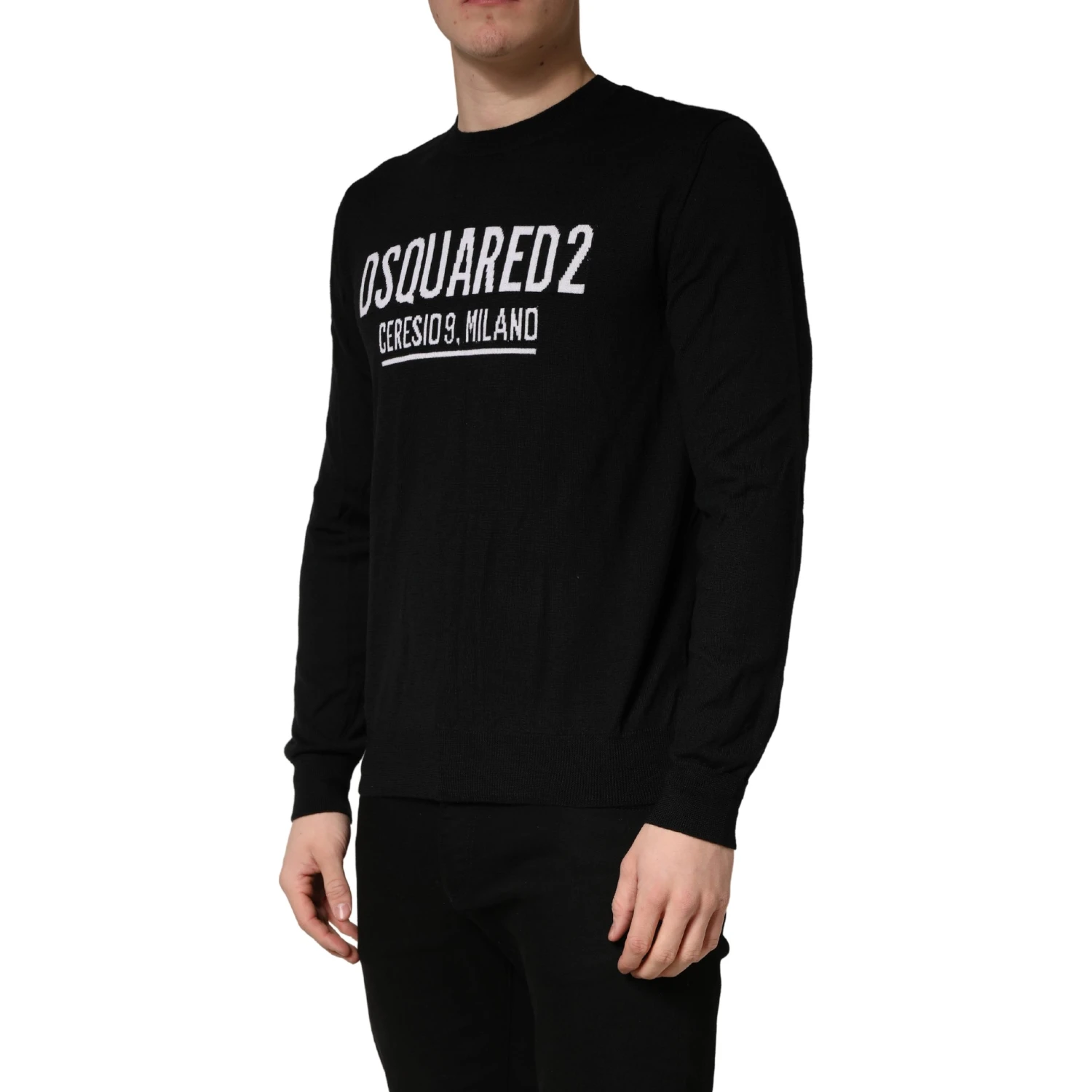 Black Logo Knitted Crew Neck Men Pullover Sweater