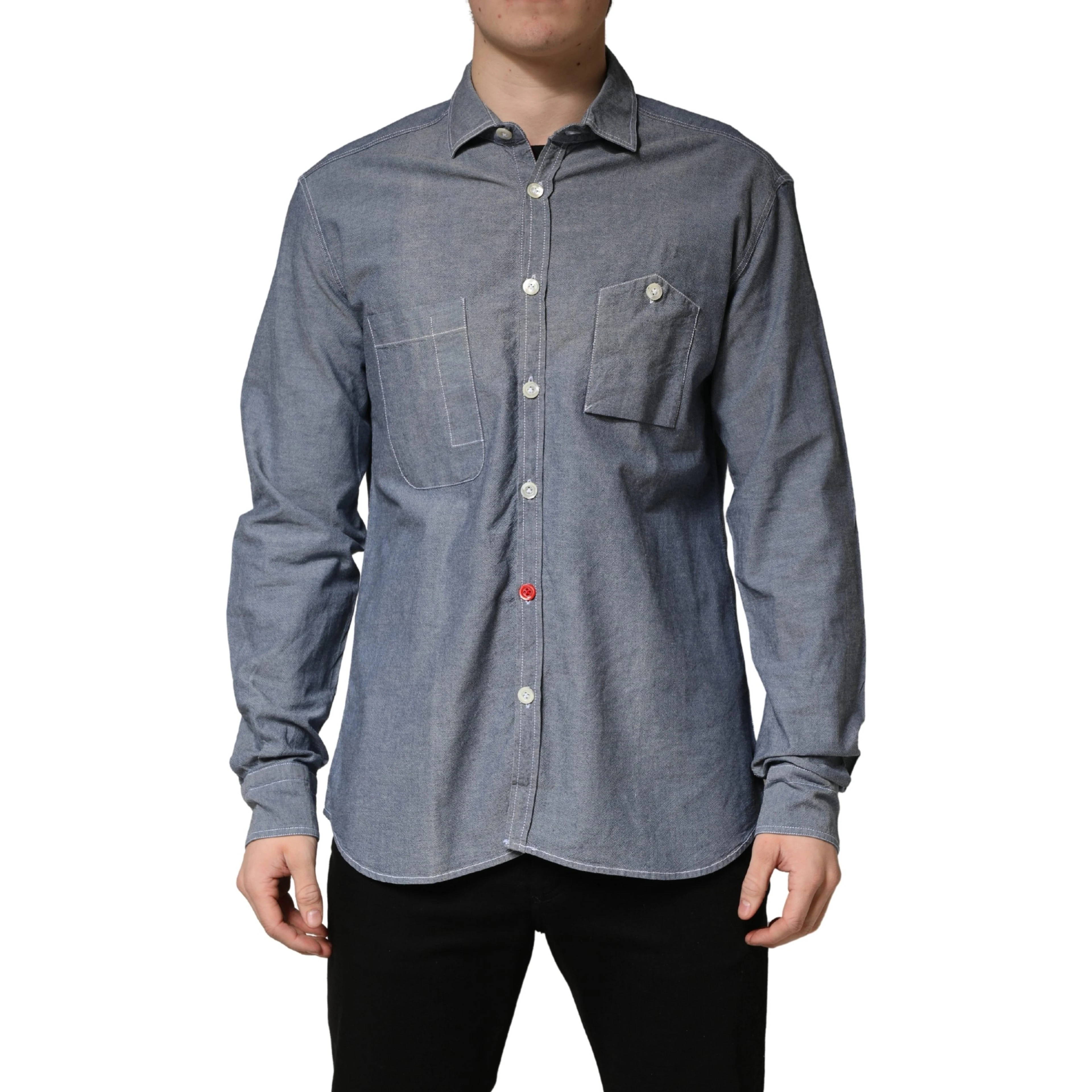Dark Blue Slim Fit Collared Long Sleeve Denim Shirt