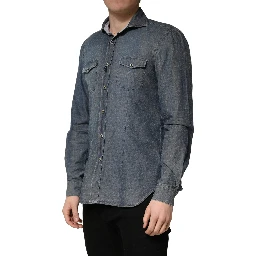 DarkBlue Long Sleeve Collared Denim Shirt