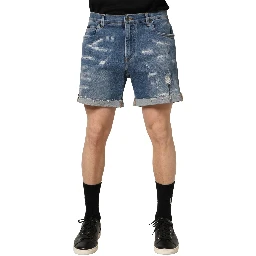 Blue Cotton Distressed Denim Bermuda Shorts