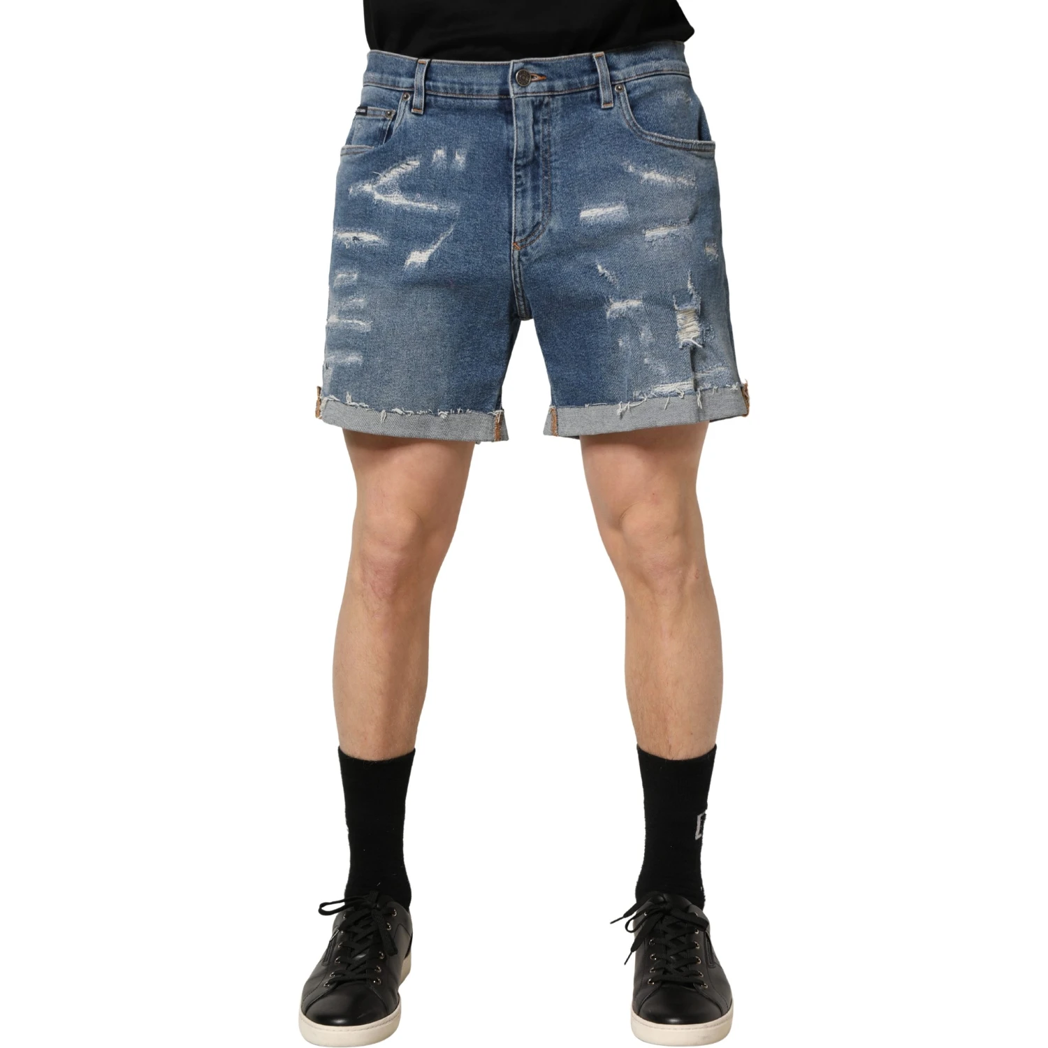 Blue Cotton Distressed Denim Bermuda Shorts