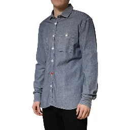 Dark Blue Slim Fit Collared Long Sleeve Denim Shirt