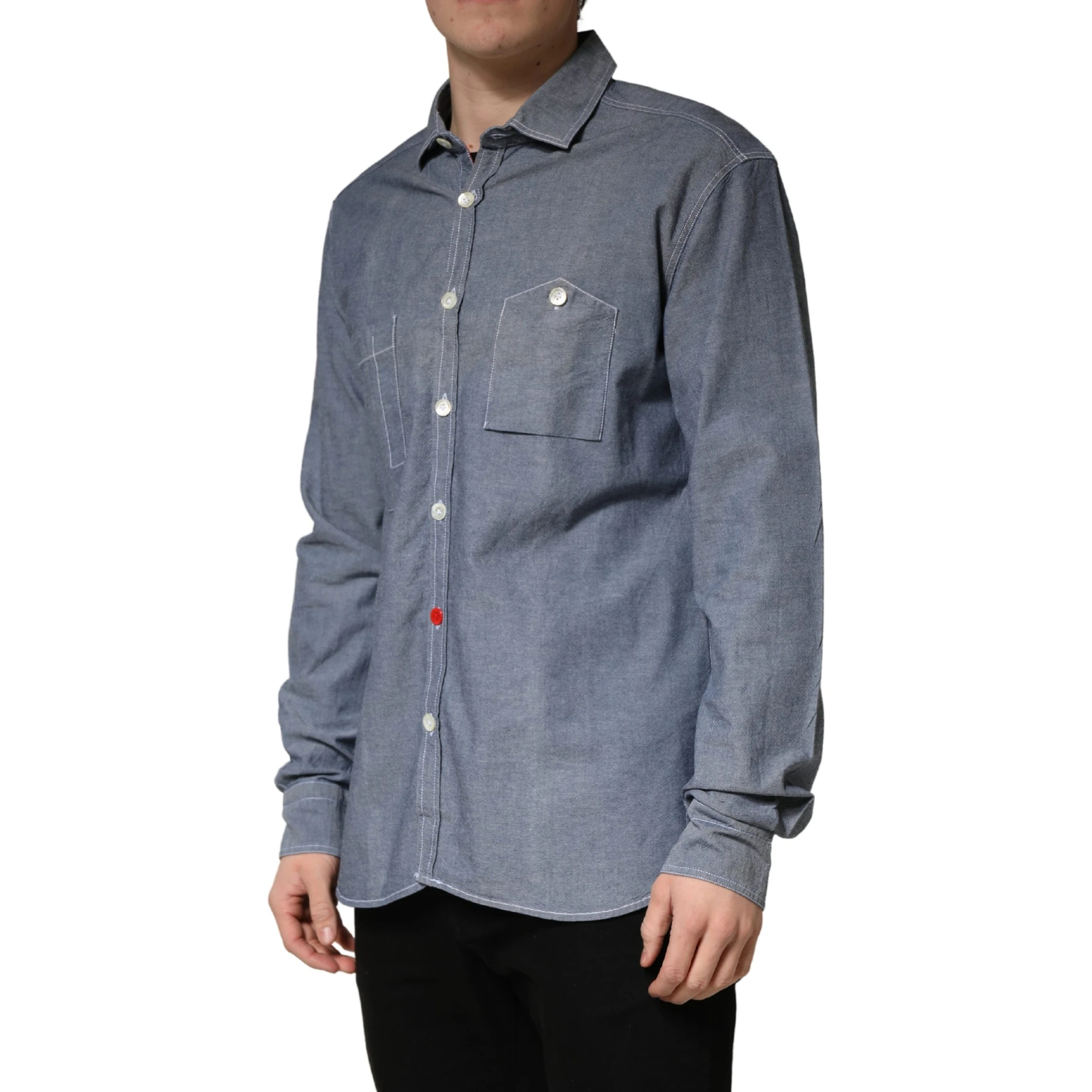 Dark Blue Slim Fit Collared Long Sleeve Denim Shirt