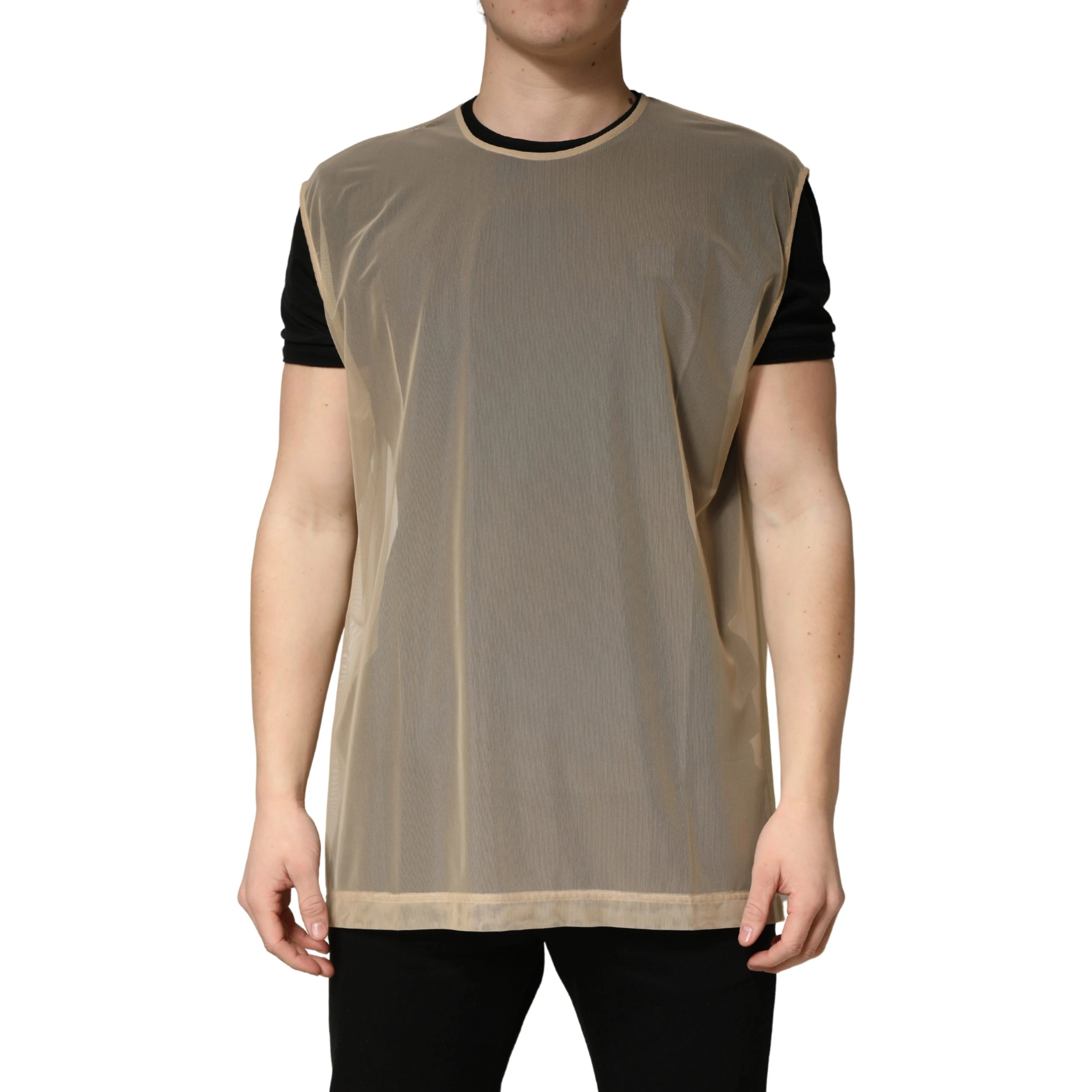 Beige Crew Neck Sleeveless Mesh Top  T-shirt
