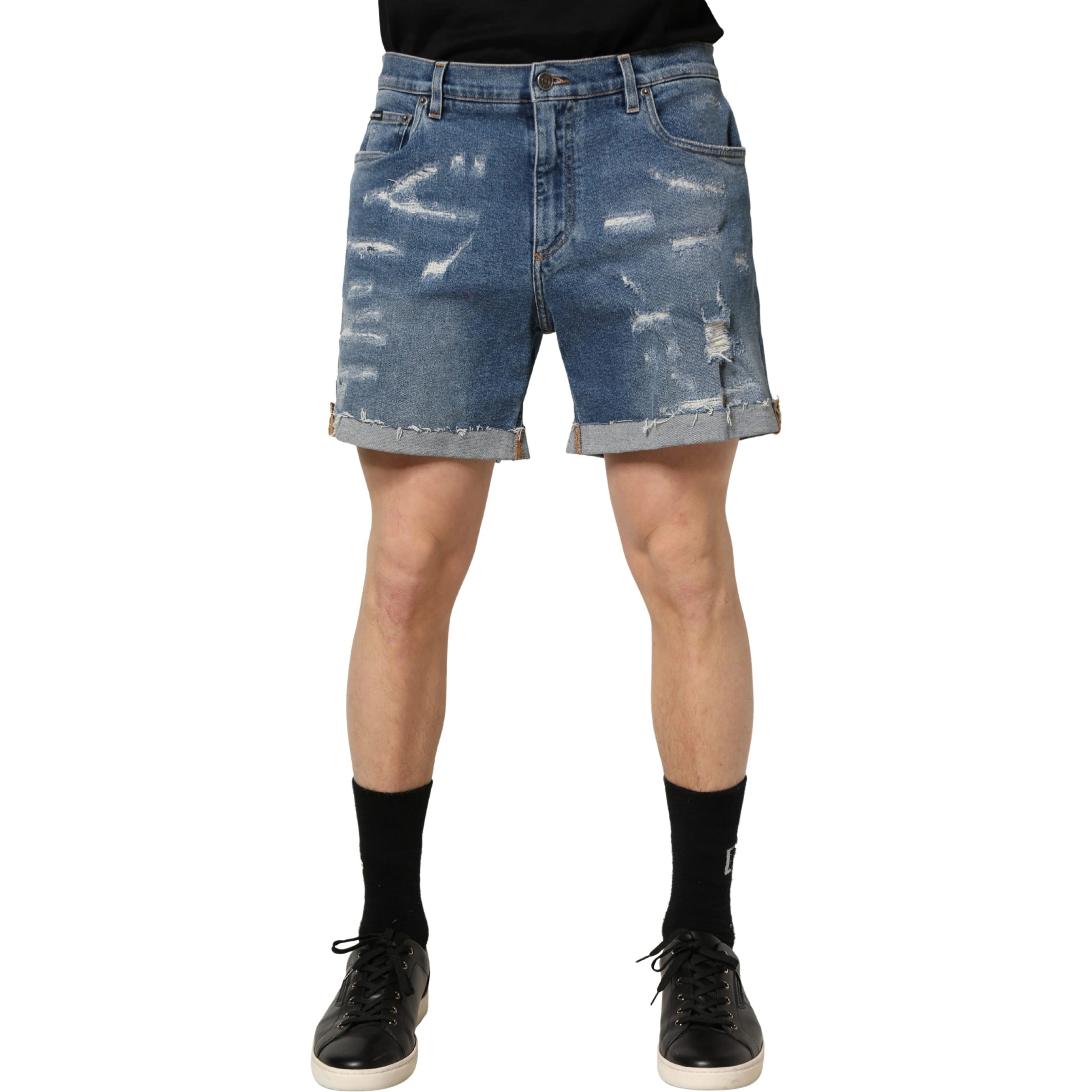 Blue Cotton Distressed Denim Bermuda Shorts