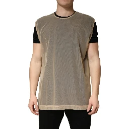 Beige Crew Neck Sleeveless Mesh Top  T-shirt